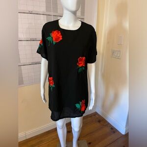 Missguided black poly shirt dress embroidered 🌹 roses size 8